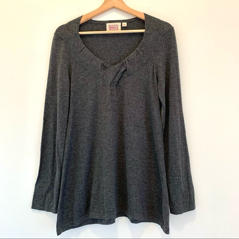 Rosie Netra Long Sleeve V-Neck Cotton Top Size L Grey A-Line